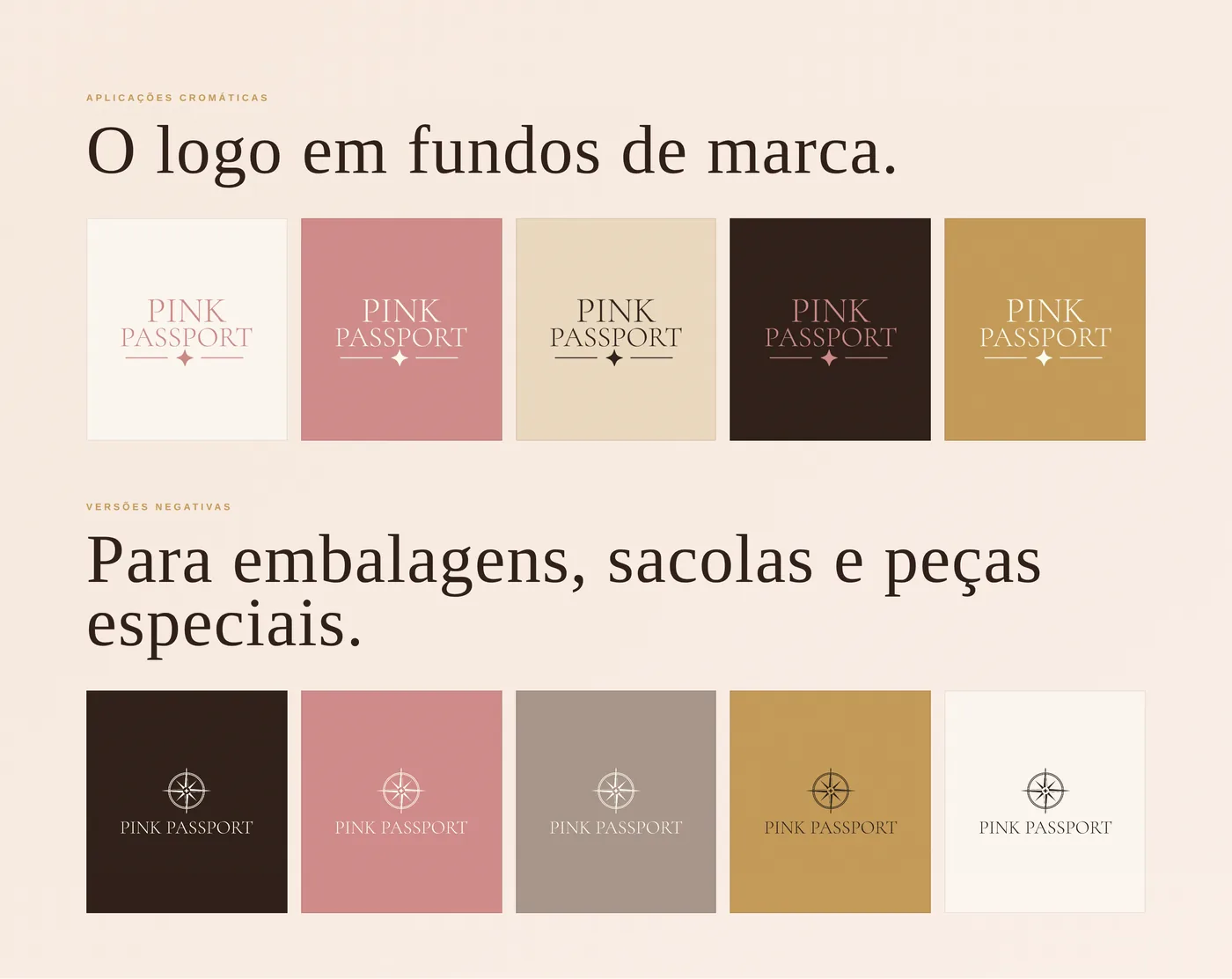 Página do brandbook com o logo aplicado sobre os cinco fundos da paleta e suas versões negativas.