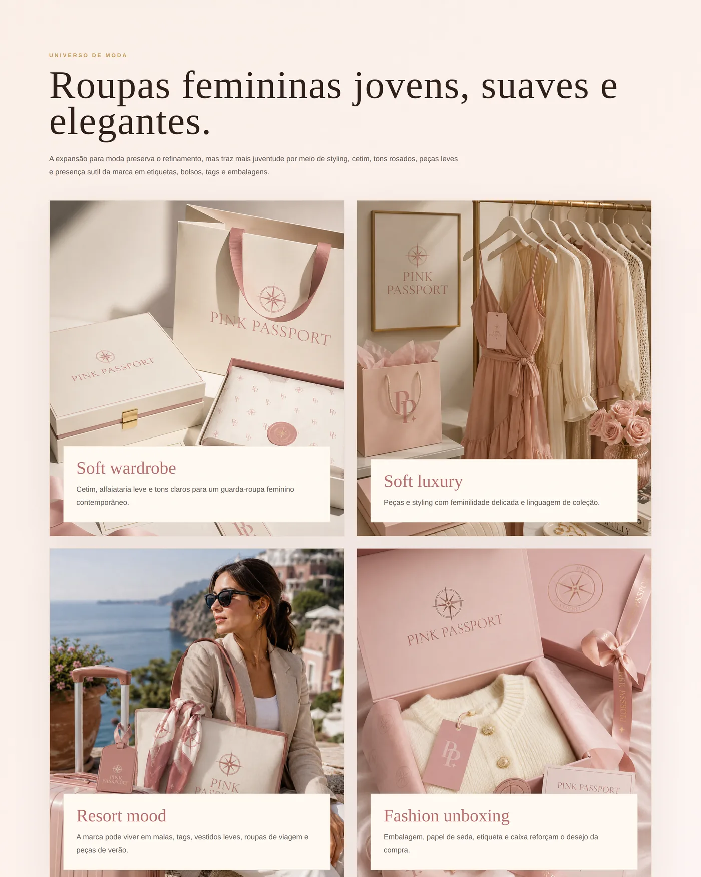 Página do brandbook com a direção visual de moda da Pink Passport.