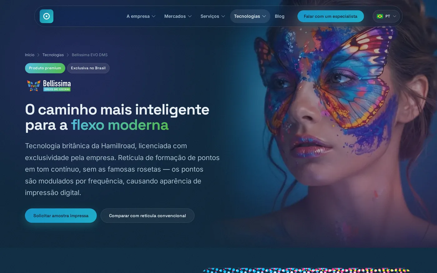 Página de uma tecnologia de retícula licenciada, com os selos de produto premium e exclusividade no Brasil.