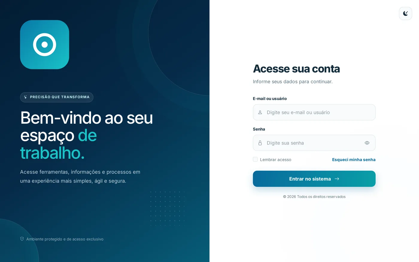Tela de login do sistema: à esquerda, a área escura de boas-vindas com um selo neutro no lugar da marca; à direita, o formulário de acesso.